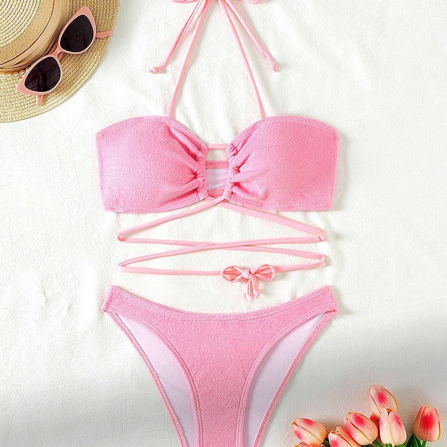 Split Swimsuit Women Hollow Out Cutout Sexy Bikini Triangle Two Piece Set Lace up Solid Color Chimie