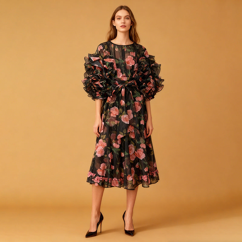 Retro Romantic Palace Rose Print Dress for Women round Neck Design Puff Sleeve Dress Ory