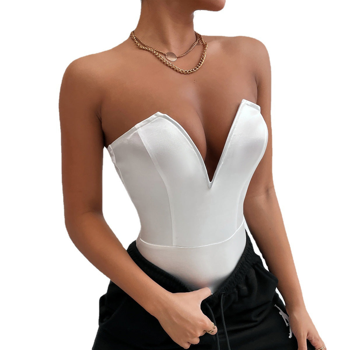 Women Tight Bottoming Shirt Slim Fit Figure Flattering Bodysuit Sexy V-neck Tube Top Bodysuit