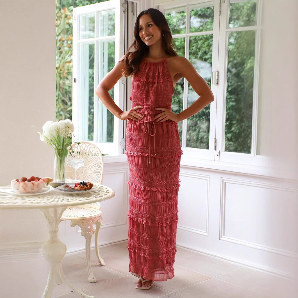 Spring Summer Sleeveless Chiffon Elastic Waist Two Piece Set Vacation Loose Skirt Set Women XINXI