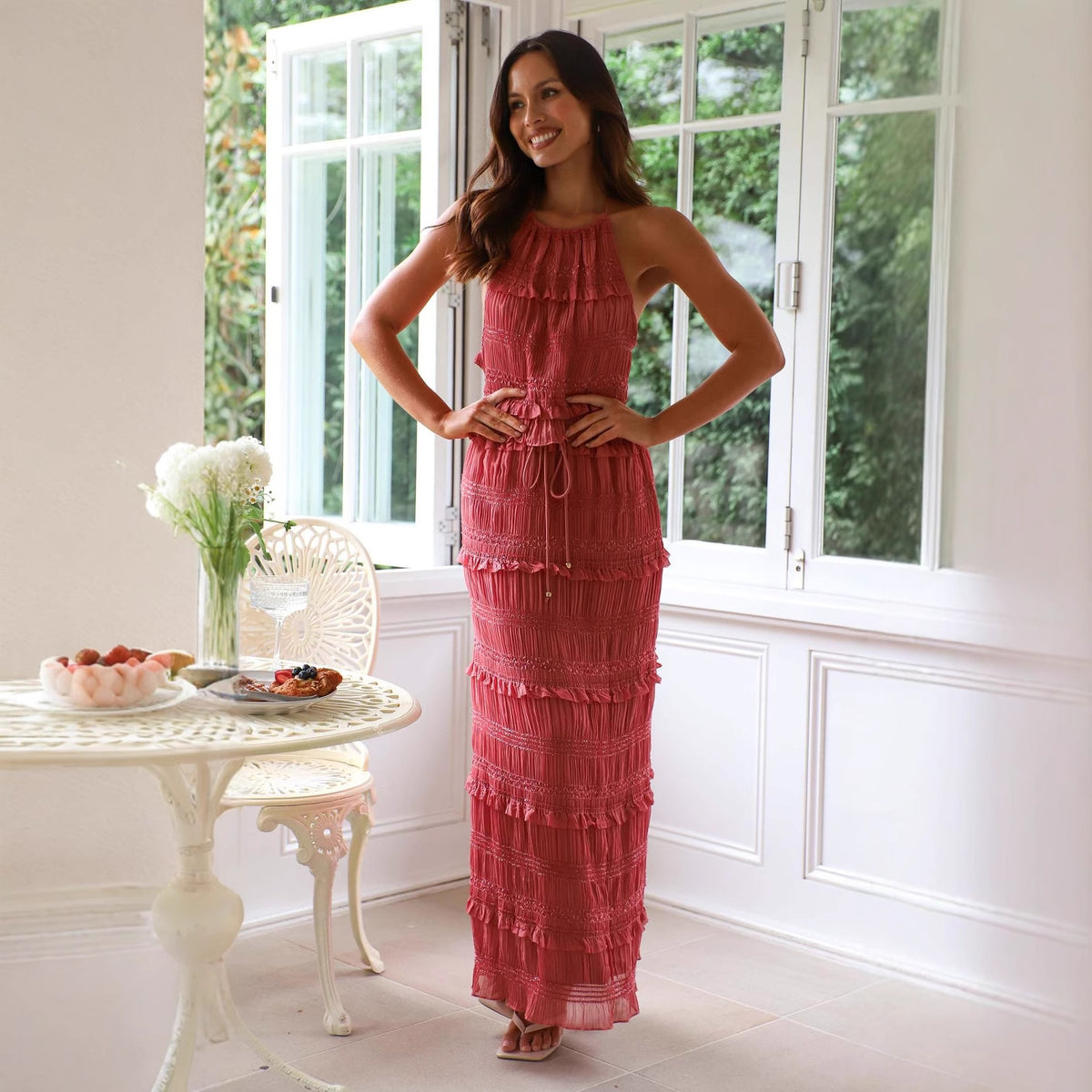 Spring Summer Sleeveless Chiffon Elastic Waist Two Piece Set Vacation Loose Skirt Set Women XINXI