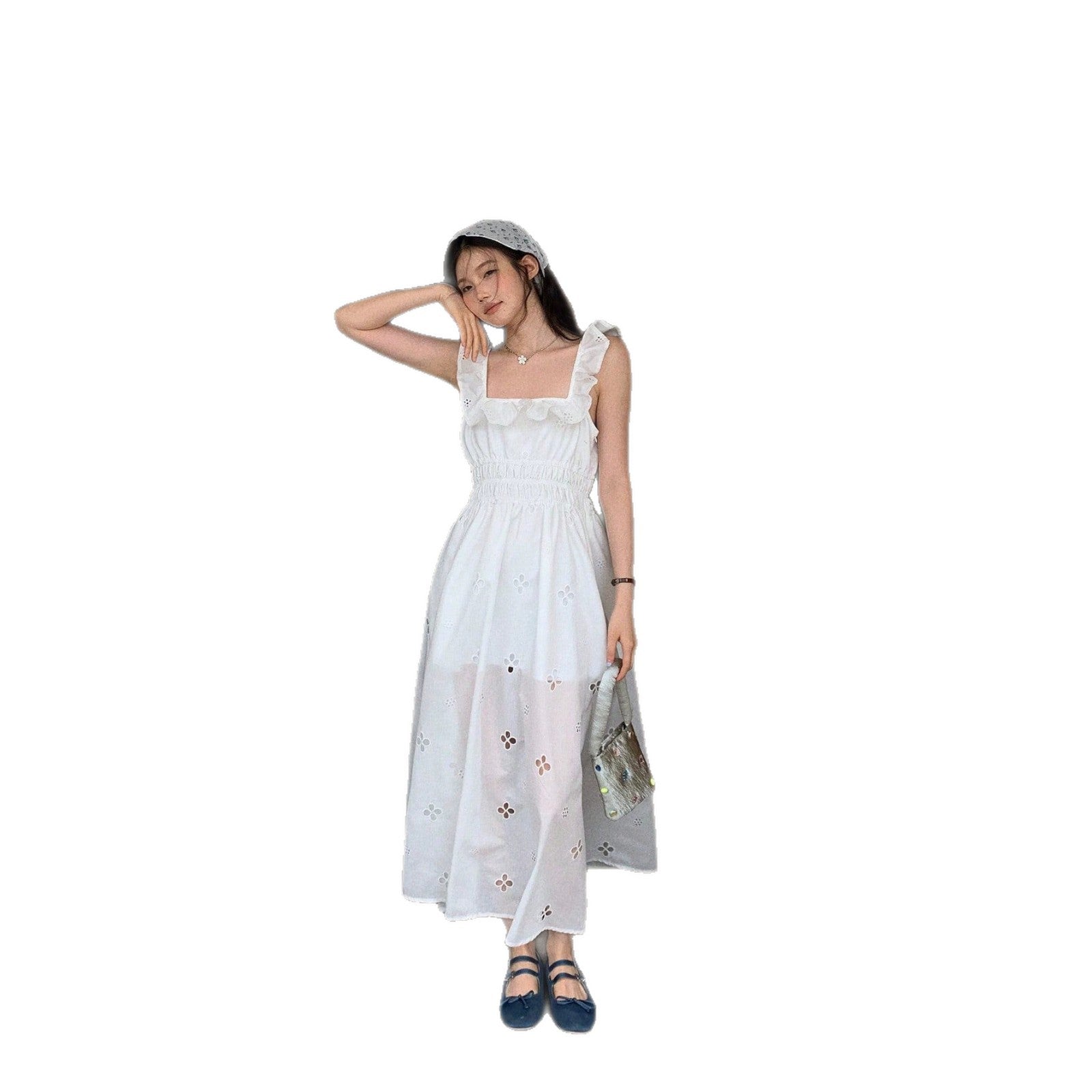 Korean Light Luxury Slim Fit Sweet Design White Dress Waist Slimming Elegant Ruffled Cami Dress EverBillion