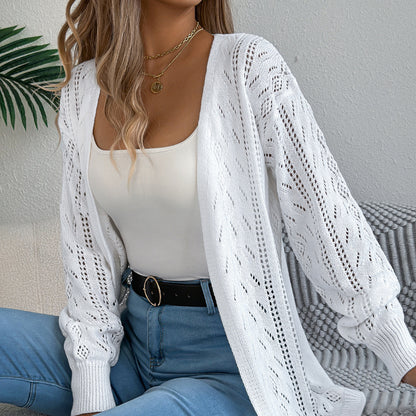 Early Autumn Casual Hollow Out Cutout out Lantern Long Sleeve Cardigan Sweater Mid Length Coat Women Clothing