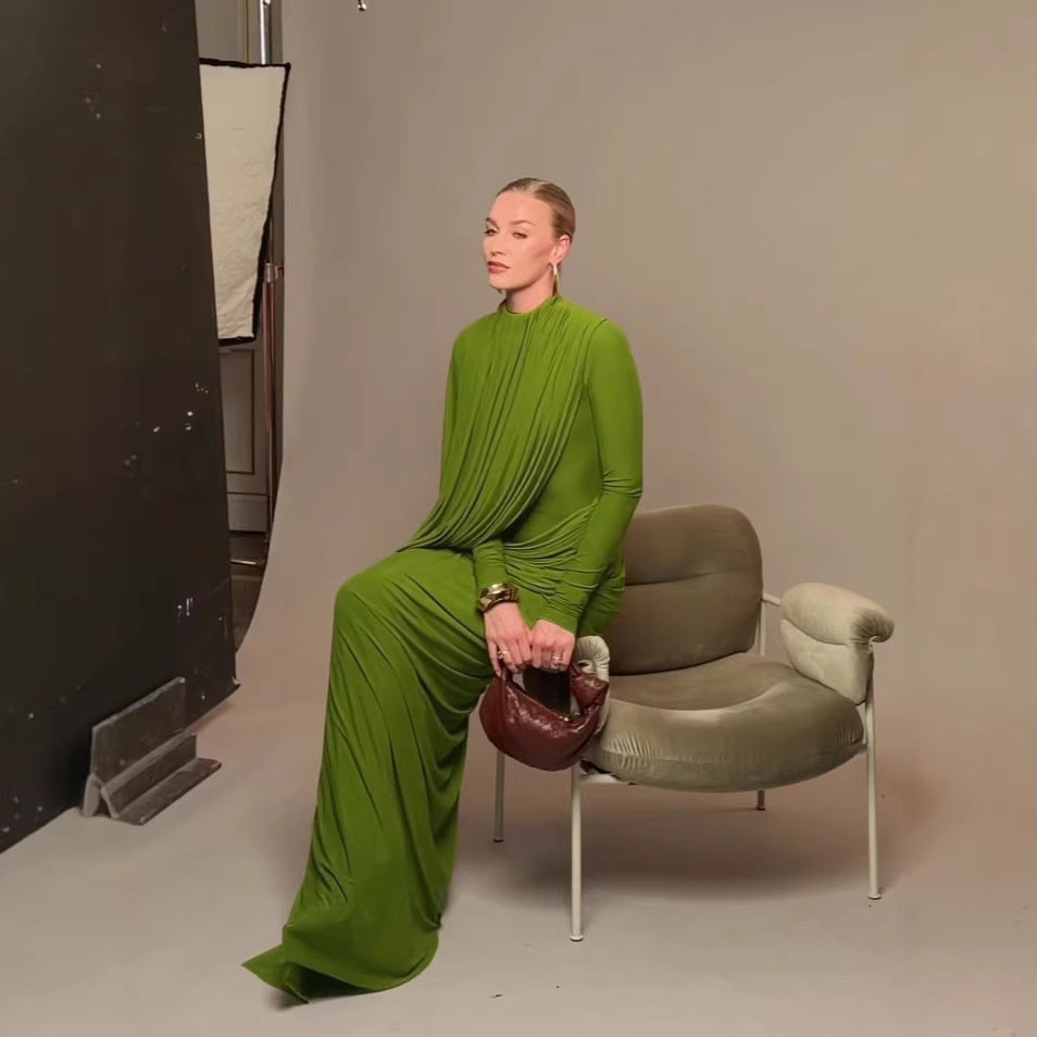 Dress Winter round Neck Green Pleated Long Sleeve Sight