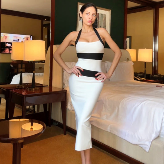 Women Clothing Summer Fashionable Elegant Sexy Slim Fit Halter Color Matching Sheath Dress