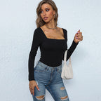 Simple Square Collar Jumpsuit Autumn Winter Belly Comfortable Wear Bottoming Top