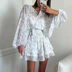 Dress Women Summer Round Neck Puff Sleeve Single Breasted Lace up A line Dress Floral Dress Kigali