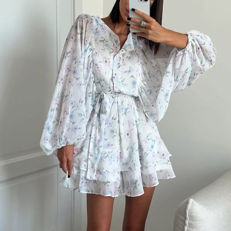Dress Women Summer Round Neck Puff Sleeve Single Breasted Lace up A line Dress Floral Dress Kigali