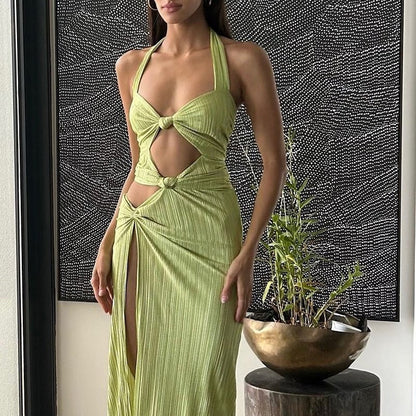 Spring Summer Women French Formal Dress Sexy Halter High Slit Dress Women