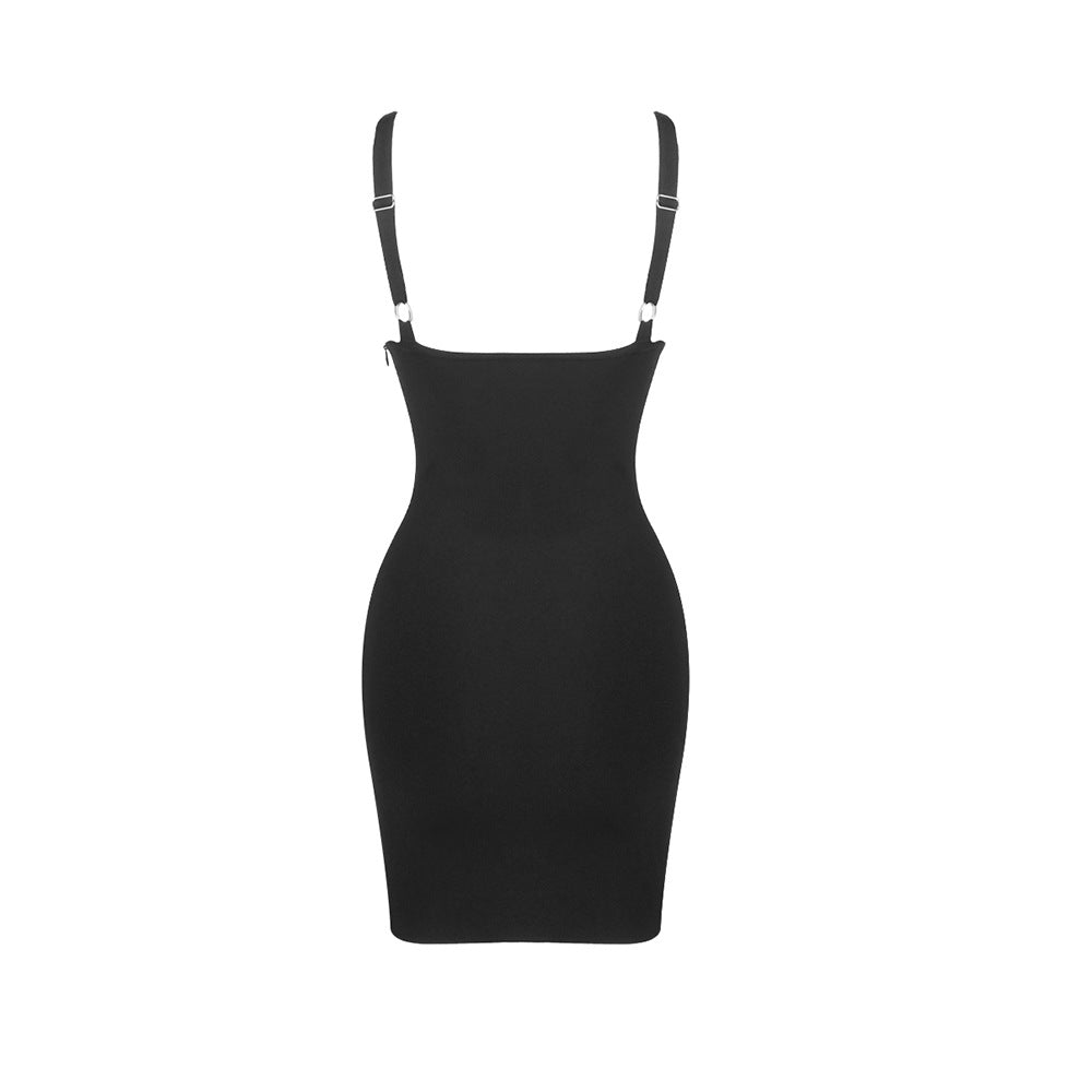 Robe de soirée noire à bretelles et fermeture éclair Furcal, décolleté en V sexy, ourlet asymétrique.