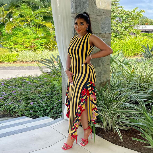 Women Clothes Stitching Printing Striped Stitching Wooden Ear Sleeveless Vest Dress