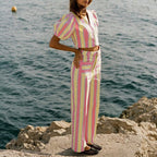 Women Clothing Striped Casual V neck Puff Sleeve Cardigan Top Trousers Two Piece Sets Kigali