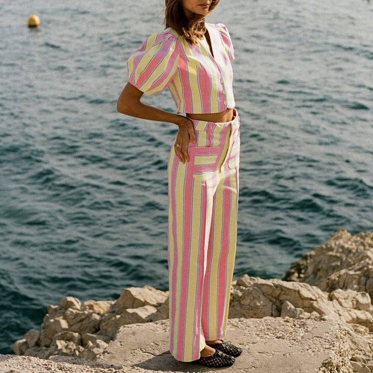 Women Clothing Striped Casual V neck Puff Sleeve Cardigan Top Trousers Two Piece Sets Kigali