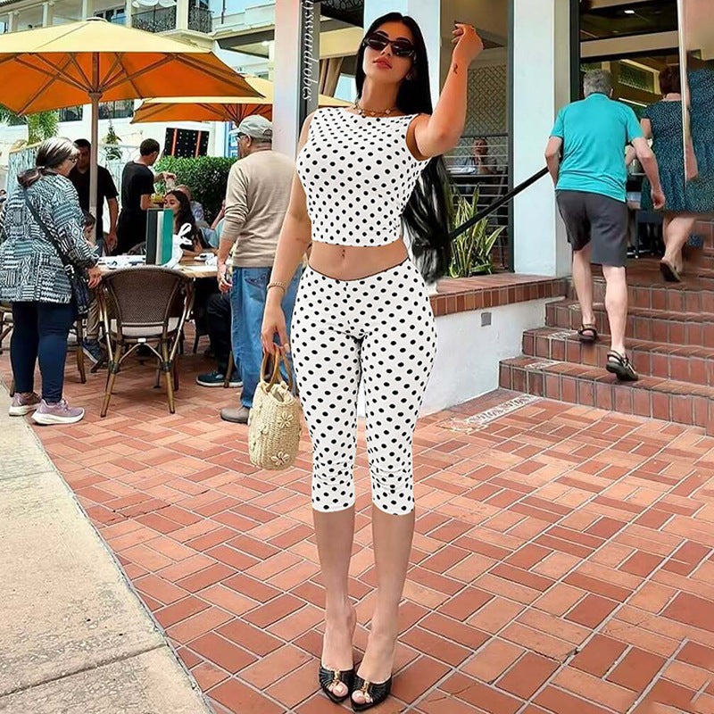 Summer Women Clothing Polka Dot Sleeveless Backless Top Slim Cropped Pants Two Piece Set LEKINS