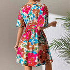 Summer Elegant Lady Floral Print Cross Collar Belt Dress Vivish