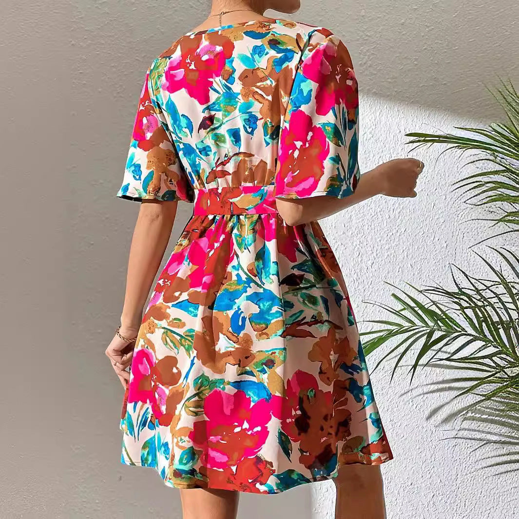 Summer Elegant Lady Floral Print Cross Collar Belt Dress Vivish
