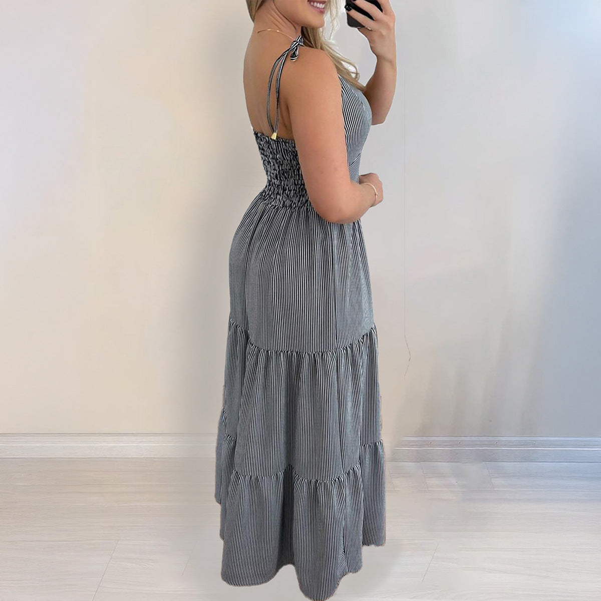 Women Clothing Spring Summer Elegant Striped Tied Dress CKK