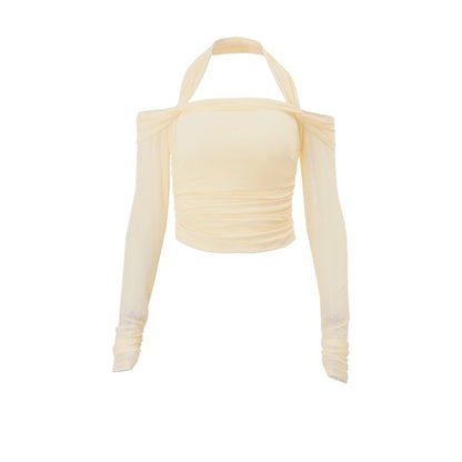 Women Clothing Autumn Sexy off Neck Solid Color Halter Cropped Long Sleeve Top for Women