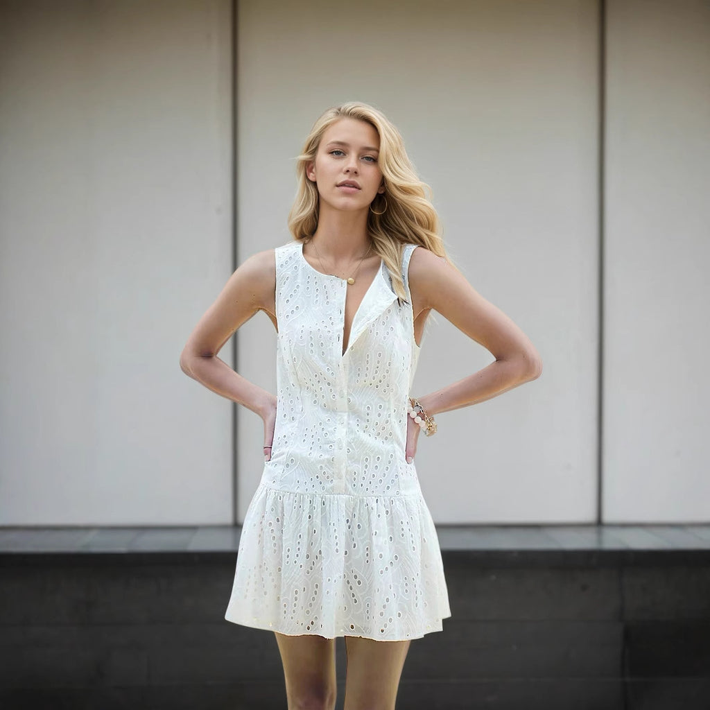 Summer Simple Office Slim Sleeveless Single Breasted Dress Women Clothing Mini Dress Rogan