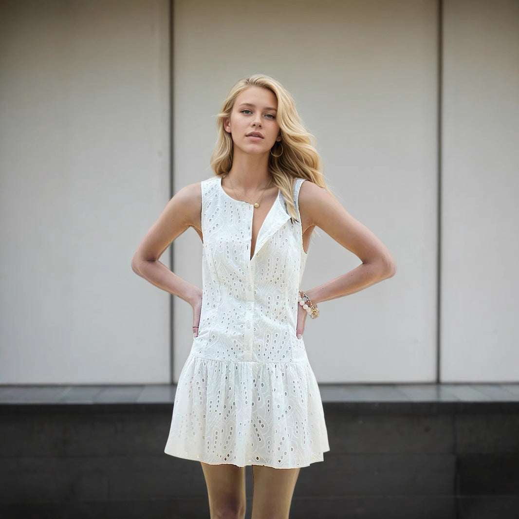 Summer Simple Office Slim Sleeveless Single Breasted Dress Women Clothing Mini Dress Rogan