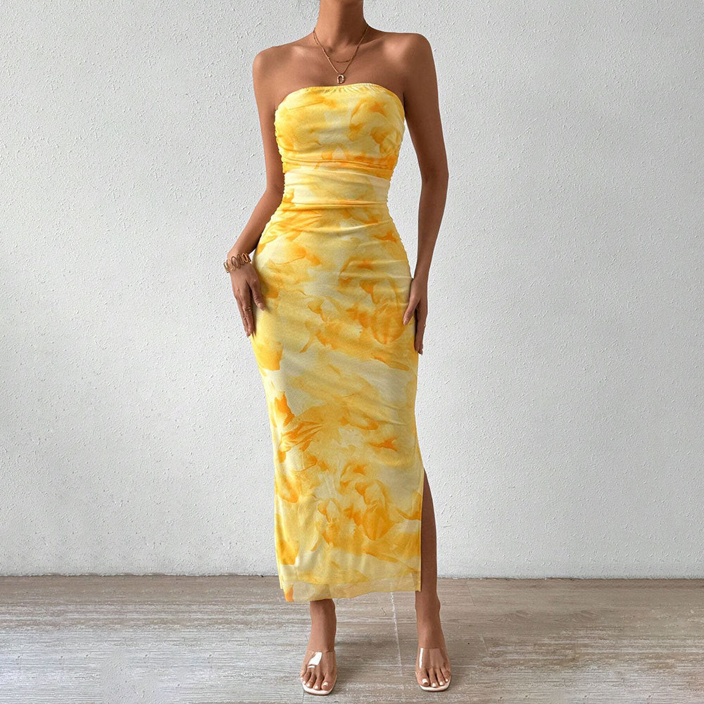 Printed Dress Spring Summer Women Clothing High Waist Slit Tube Top Dress Yiskiss