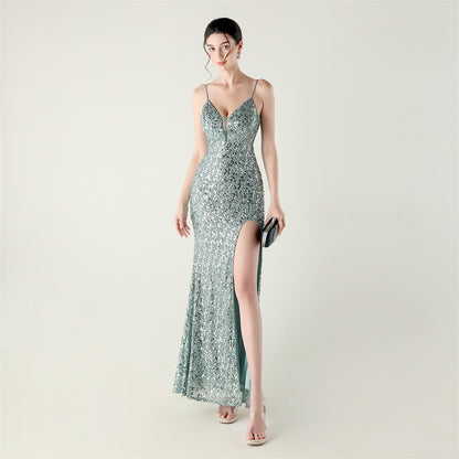 Bead Tube Sequin Spaghetti Strap High Slit Evening Dress Cross Tied Slim Fit Slimming Dinner Social Women