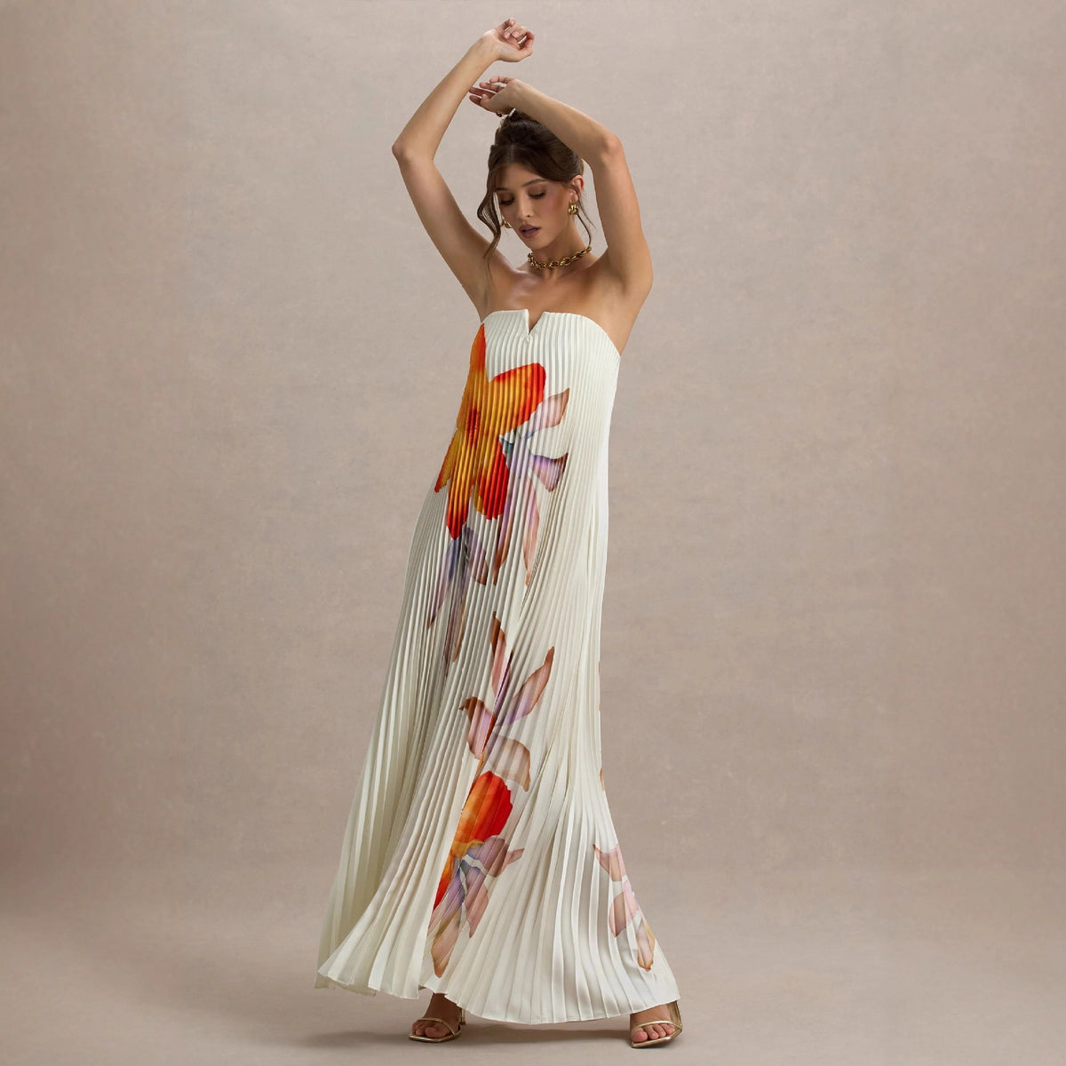 Printed Tube Top Loose Heavy Duty Pleated Maxi Dress Women XINXI