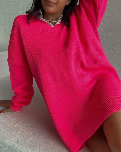 Suéter largo de punto holgado informal con cuello en V y manga larga para otoño e invierno para mujer