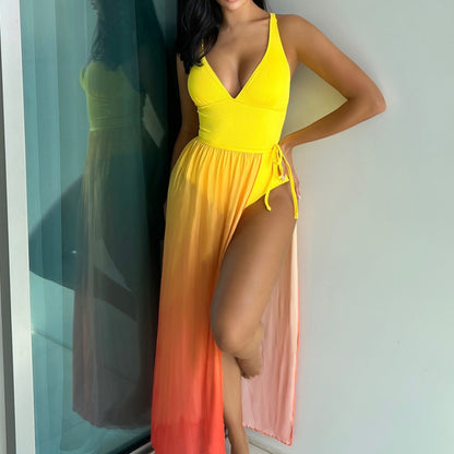 Yellow One Piece Bikini Swimsuit Gradient Cover up Beach Dress