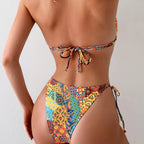 Halter Buckle Exposed Back High Waist Sexy Printed Split Bikini Swimsuit MagicSwing