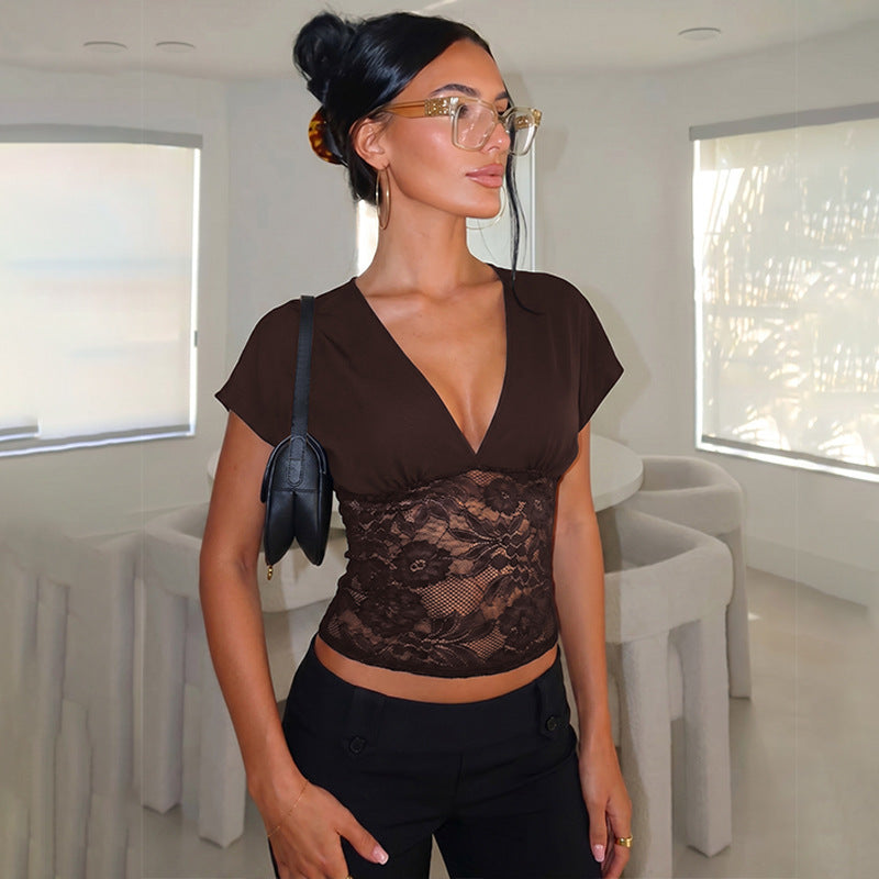 Lace Stitching Coat Summer Solid Color Short Sleeve Sexy Deep V Plunge neck Slim Fit Tank Top Women LEKINS
