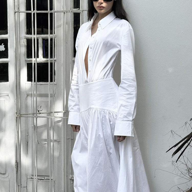Women Clothing Spring Summer White Office Pleated A line Dress Collared Long Sleeve Shirt Dress Women Kigali