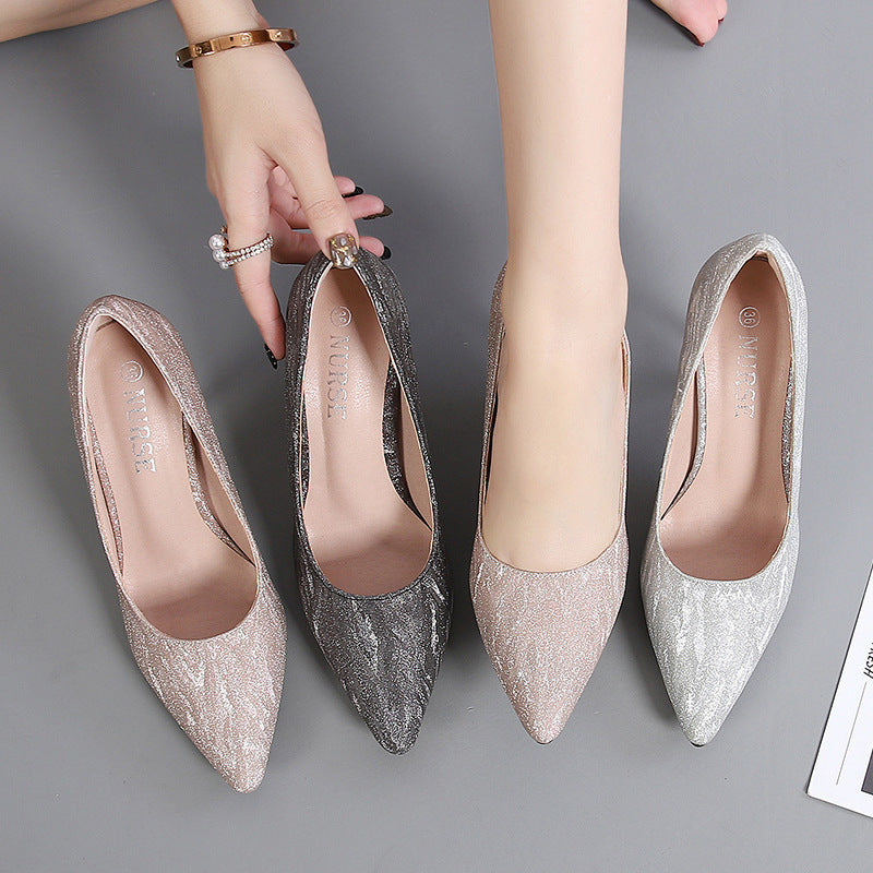 Korean Cocktail High Heels Metal Heel High Heel Low Cut Pointed Shining Sequin Cloth Pumps Yuanna