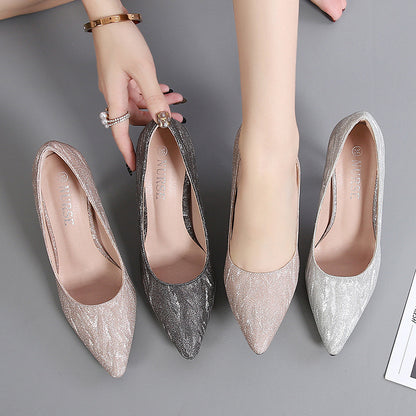 Korean Cocktail High Heels Metal Heel High Heel Low Cut Pointed Shining Sequin Cloth Pumps Yuanna