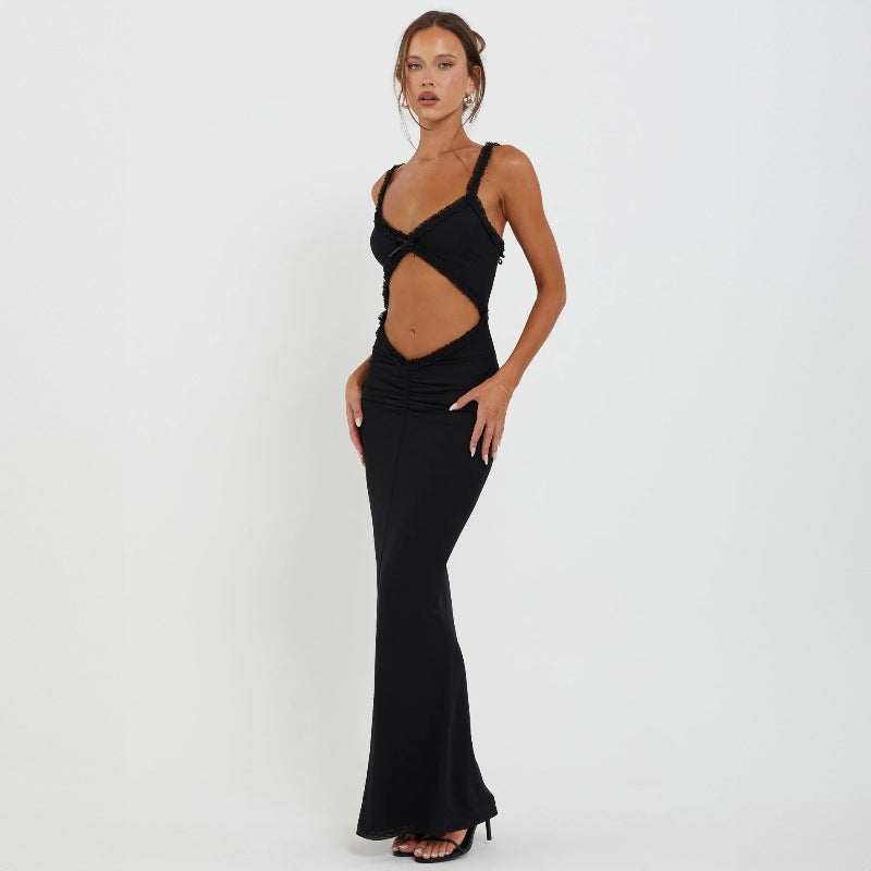 Summer Suspender Wooden Ear Collarless Cropped Sexy Slim Fit Jumpsuit Maxi Dress Women WensDiva