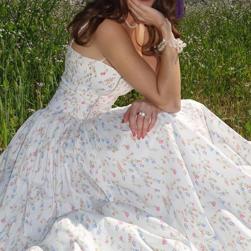 Vestido maxi floral con tirantes, estilo pastoral francés, sexy, para mujer