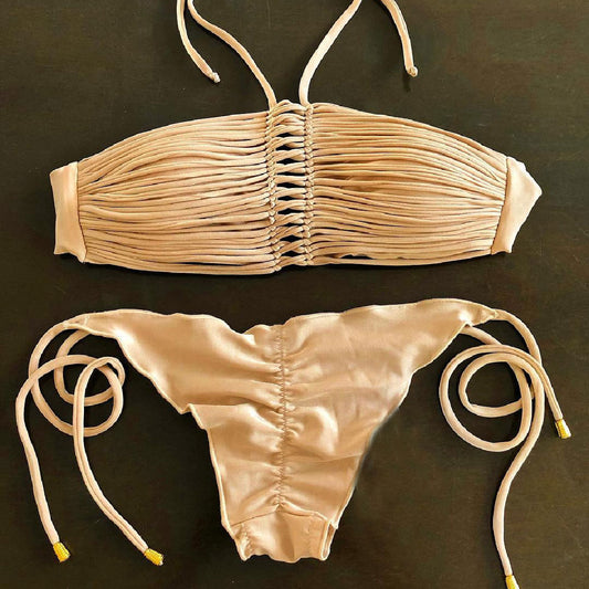 Bikini de color liso con tirantes tipo tubo y pliegues para mujer