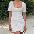 Cotton White U Collar High Waist Puff Sleeve Dress Summer Short Dress Women FOREVEREIGHTEEN