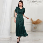 Women Clothing Summer Casual High Waist Solid Color V neck Puff Sleeve Dress MIYA