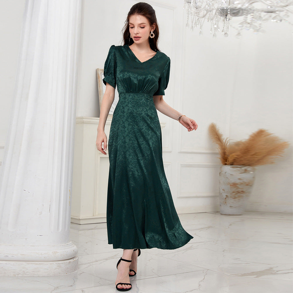 Women Clothing Summer Casual High Waist Solid Color V neck Puff Sleeve Dress MIYA