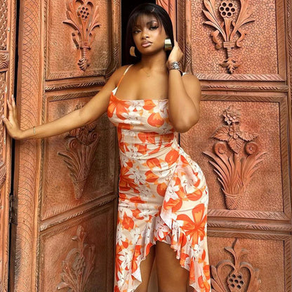 Vestido de verano con estampado sexy, espalda descubierta y abertura con encaje para mujer