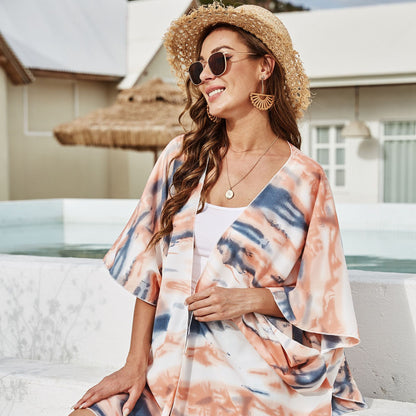 Blusa de verano con estampado teñido anudado, ideal para viajes y protección solar. Cárdigan resistente al sol.