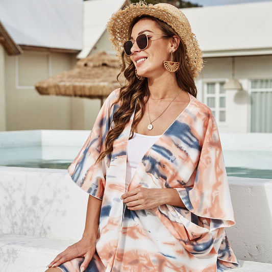 Blusa de verano con estampado teñido anudado, ideal para viajes y protección solar. Cárdigan resistente al sol.