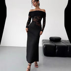 Vestido maxi de encaje con hombros descubiertos y aberturas de verano, vestido de tubo sexy de alta calidad de manga larga, ropa de mujer