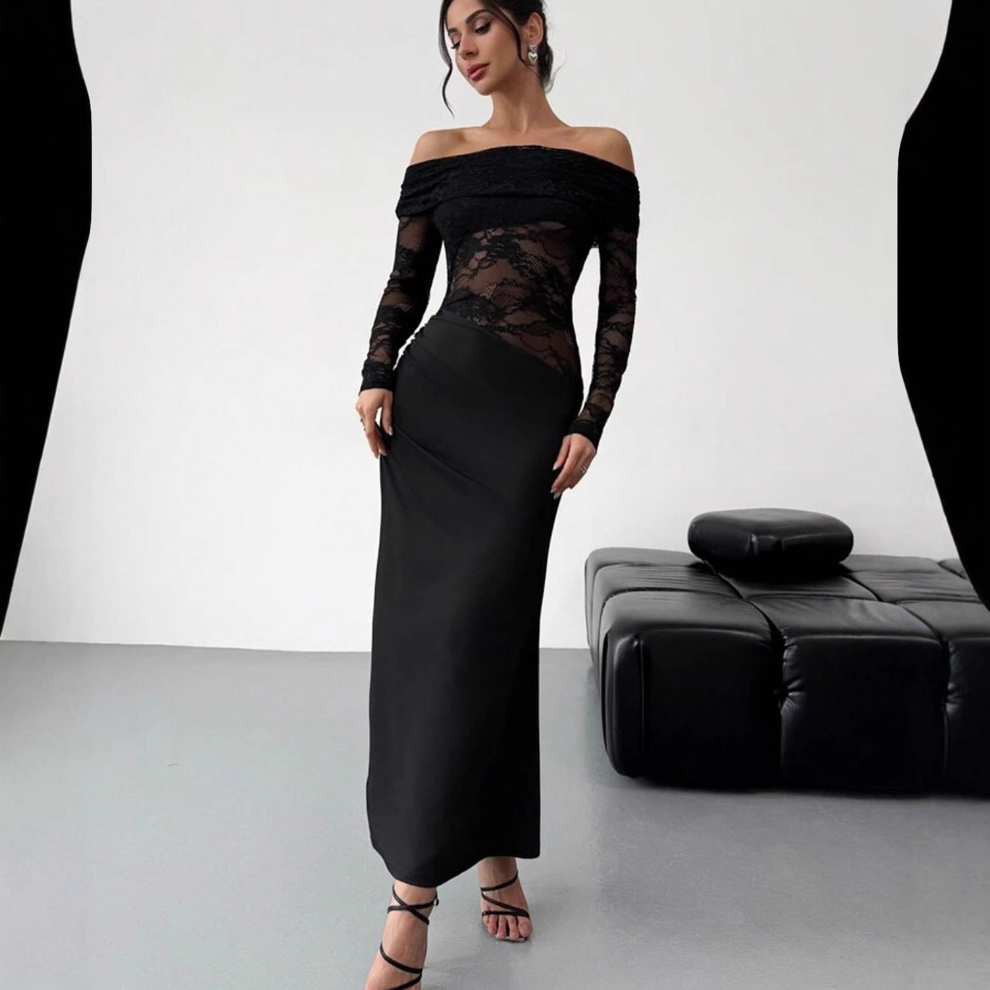 Vestido maxi de encaje con hombros descubiertos y aberturas de verano, vestido de tubo sexy de alta calidad de manga larga, ropa de mujer