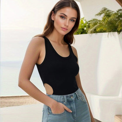 Autumn Winter Women Sexy Slim Fit U Collar Waist Hollow Out Cutout-out Rayon Rib Jumpsuit Women