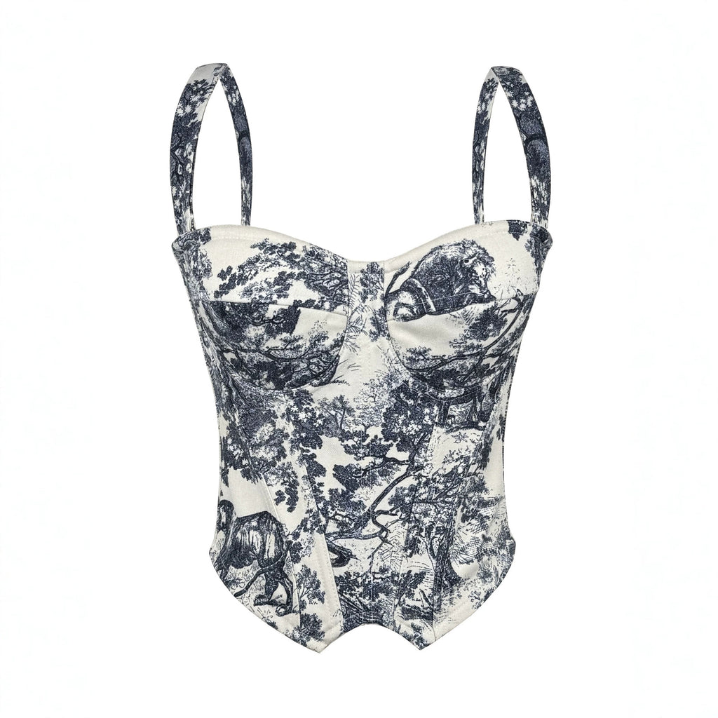 Slim Fit Retro Spaghetti Straps Vest Light Luxury Palace Ink Painting Tube Top Sexy Printed Boning Corset Bra Kanuner