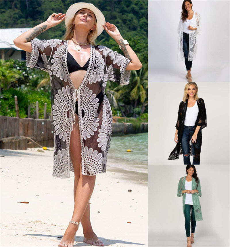 Lace Sunfower Embroidered Beach Cover-up Sexy Cardigan Outer Sunscreen Beach Cover Up