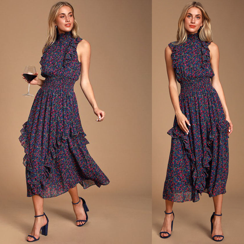 Women Elegance Sleeveless Printed Pleated Dress Maxi Dress DreamFashion