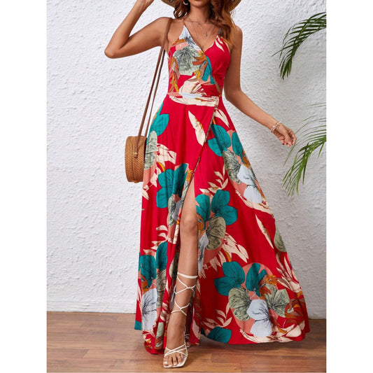 Real Shot Tropical Printing Thigh Fork Sling Dress